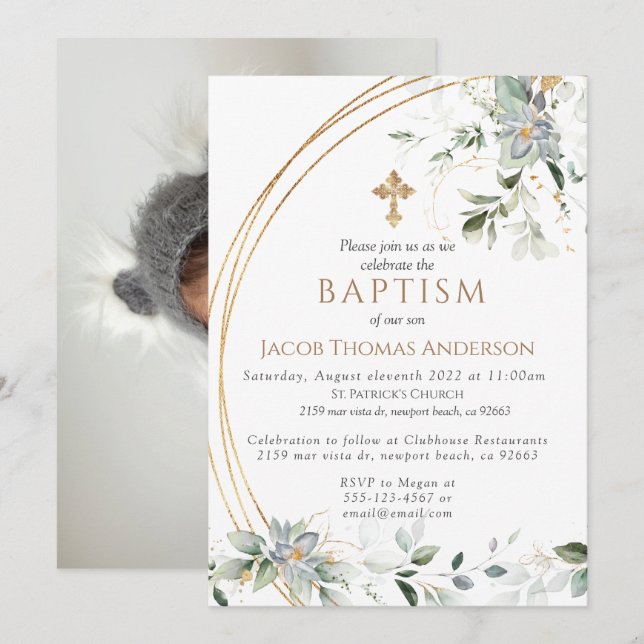  Gold Greenery Eucalyptus Boy Baptism Invitation (Front/Back)