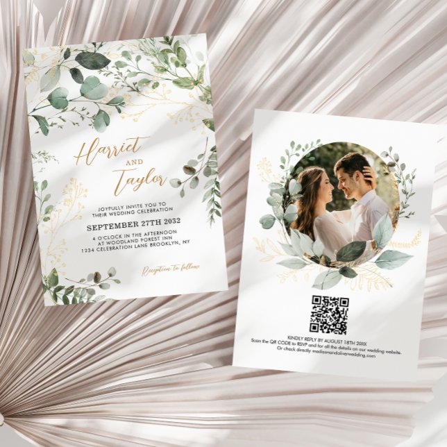 Gold Greenery Eucalyptus Photo QR Code Wedding  Invitation (Creator Uploaded)