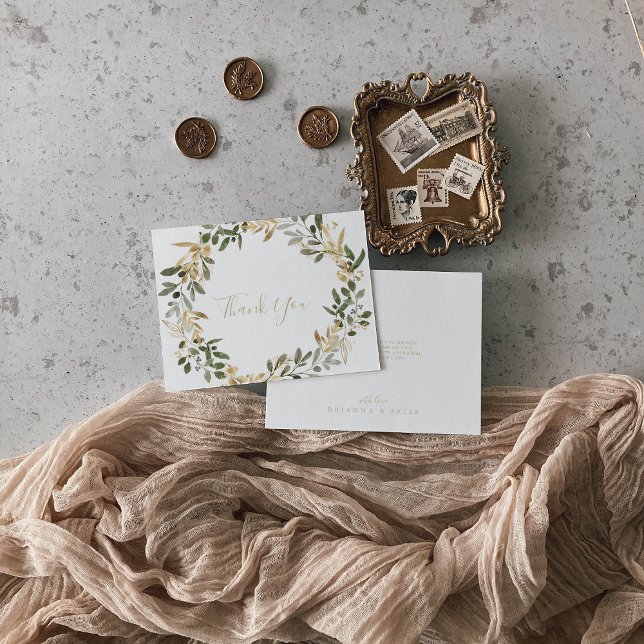 Gold Greenery Fall Flat Wedding Thank You Card (Creator Uploaded)
