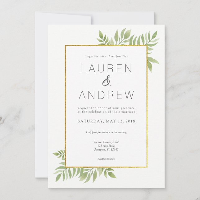 Gold Greenery Floral Leaves Wedding Invitation (Front)