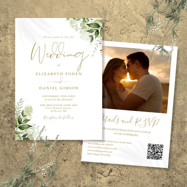 Gold Greenery Floral QR Code Photo Wedding Invitation (Gold Greenery Floral QR Code Photo Wedding Invitation)