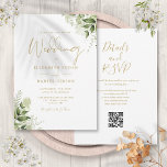 Gold Greenery Floral QR Code Script Wedding Invitation<br><div class="desc">This elegant gold botanical greenery leaves wedding invitation can be personalised with your information in chic typography with your wedding website details and your QR code on the reverse. Designed by Thisisnotme©</div>