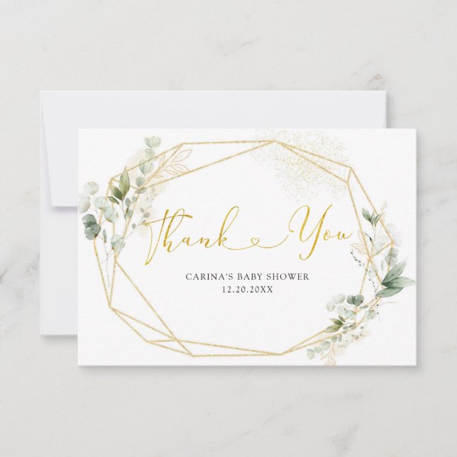 Gold Greenery Geometric Baby in Bloom Baby Shower Thank You Card (Front)