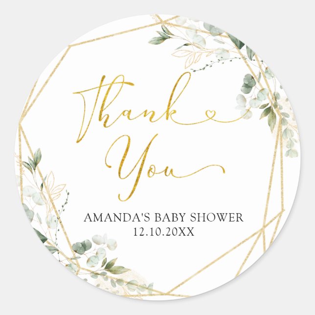Gold Greenery Geometric Baby in Bloom Thank You Classic Round Sticker (Front)