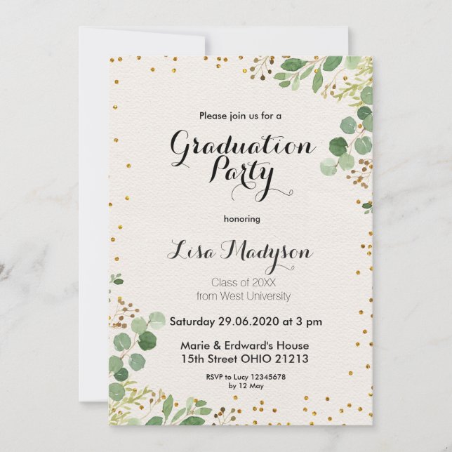 Gold Greenery Graduation Party Invite (Front)