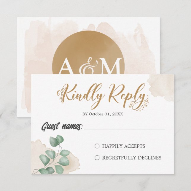 Gold Greenery Horizontal Wedding RSVP Card (Front/Back)