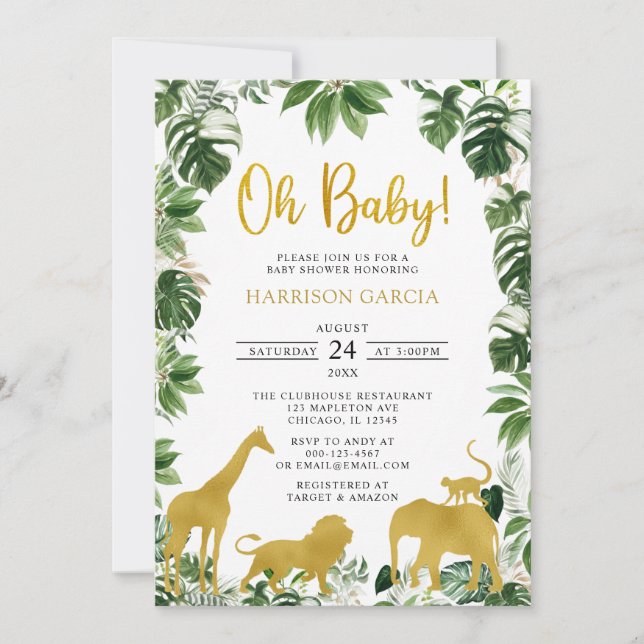  Gold Greenery Jungle Safari Animals Baby Shower Invitation (Front)