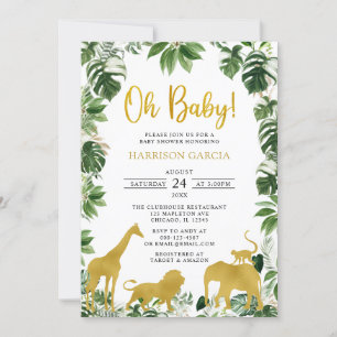  Gold Greenery Jungle Safari Animals Baby Shower Invitation