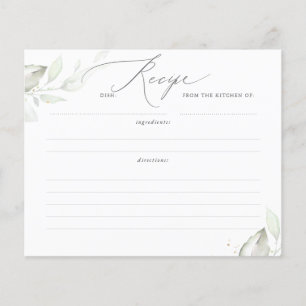Gold Greenery Leaves Bridal Shower Recipe Card