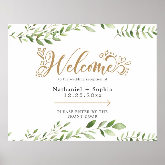 Gold Greenery Left Directional Wedding Welcome Poster (Front)