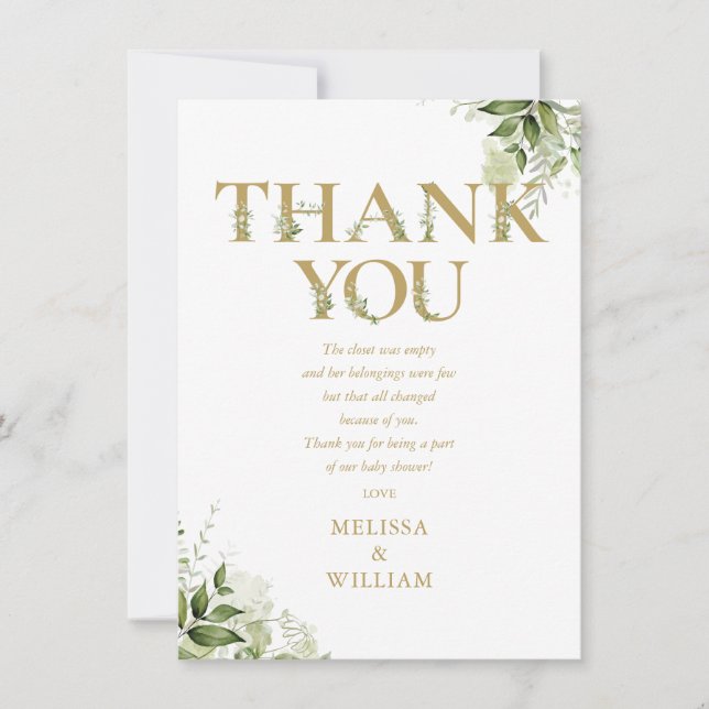 Gold Greenery Letter Baby Shower Poem Thank You Card (Front)