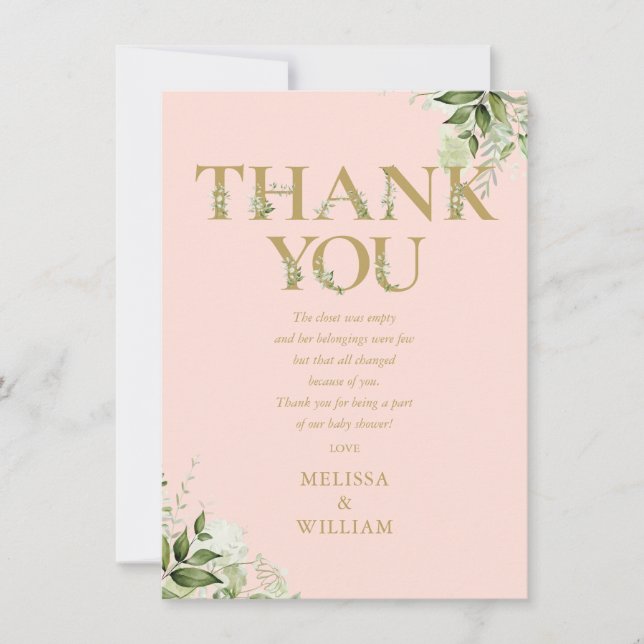 Gold Greenery Letter Pink Baby Shower Poem Thank You Card (Front)