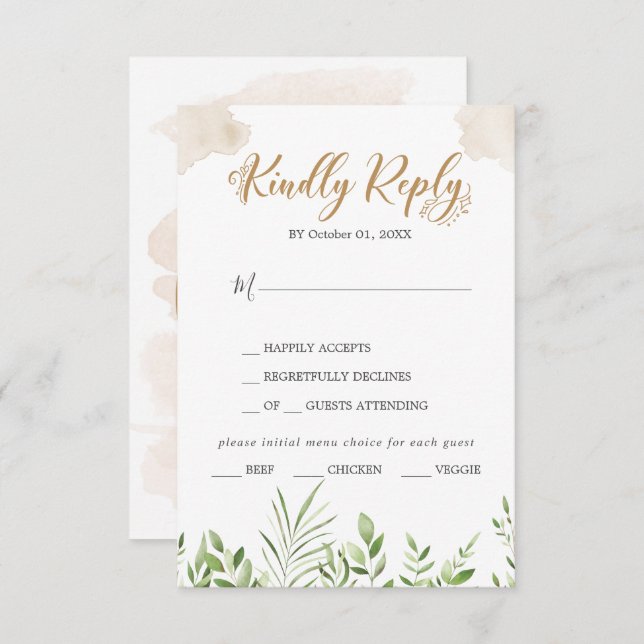 Gold Greenery Menu Choice Wedding RSVP Card (Front/Back)