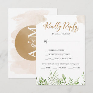 Gold Greenery Menu Choice Wedding RSVP Card