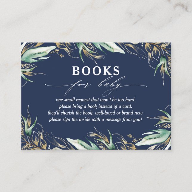 Gold Greenery Navy Blue Baby Books Request Business Card (Front)