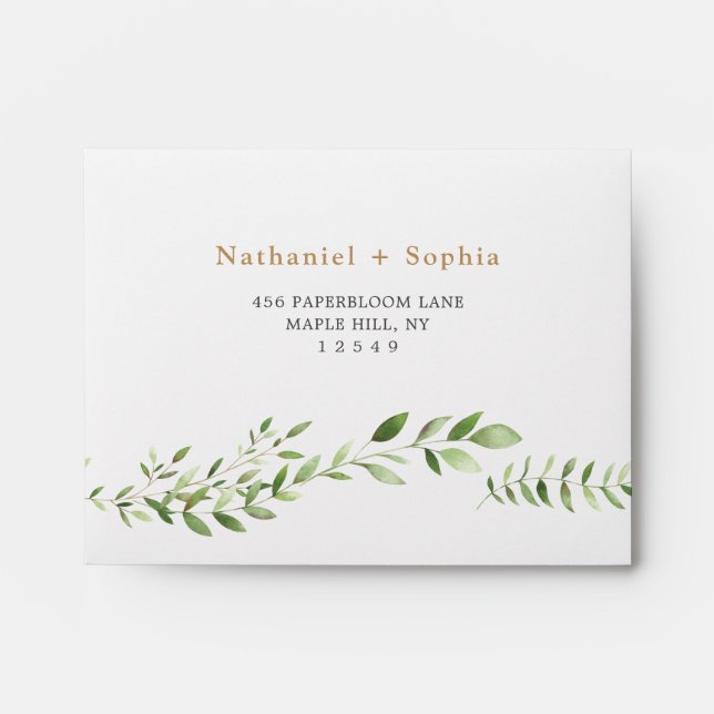 Gold Greenery Self-Addressed Wedding RSVP Envelope (Front)