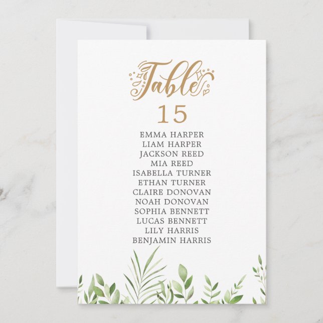 Gold Greenery Table Number Seating Chart Cards (Front)