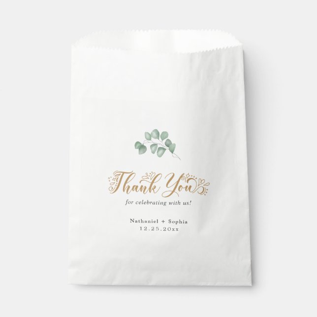 Gold Greenery Thank You Wedding Favour Bag (Front)