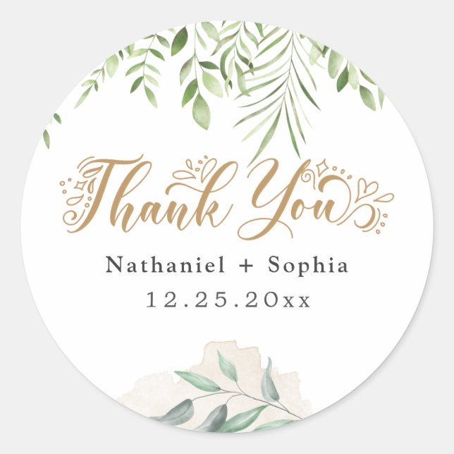 Gold Greenery Thank You Wedding Favour Sticker (Front)