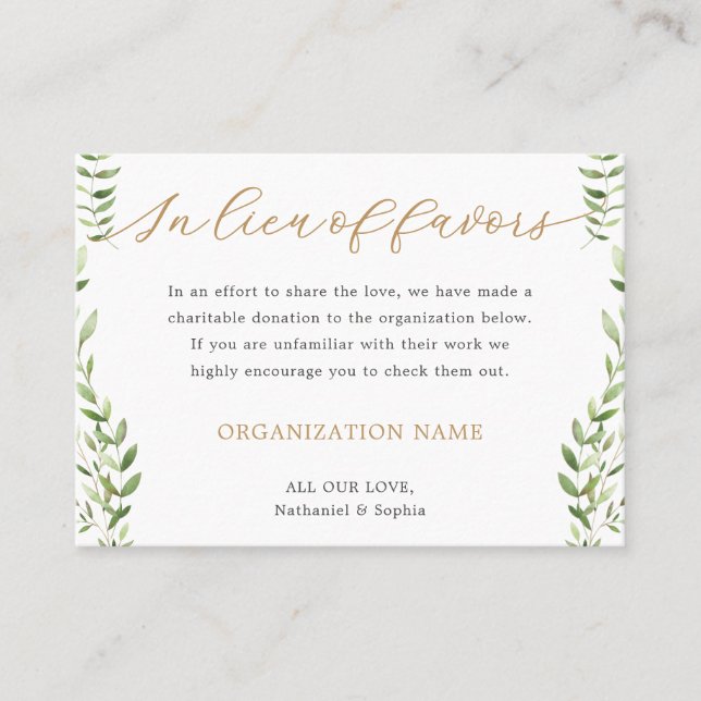 Gold Greenery Watercolor Charity Donation  Place Card (Front)