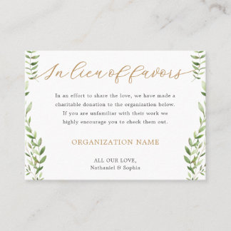 Gold Greenery Watercolor Charity Donation  Place Card