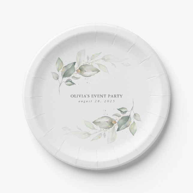 Gold Greenery Watercolor Romantic Wedding Paper Plate (Front)