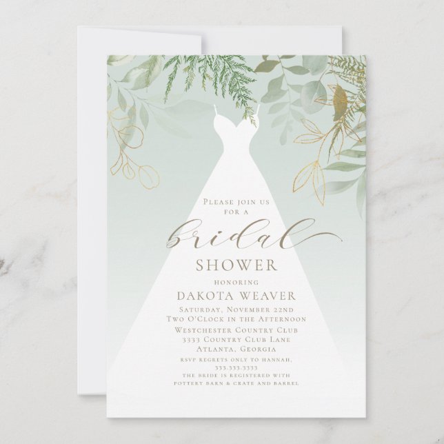 Gold Greenery Wedding Dress Bridal Shower Invitation (Front)