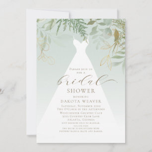 Gold Greenery Wedding Dress Bridal Shower Invitation