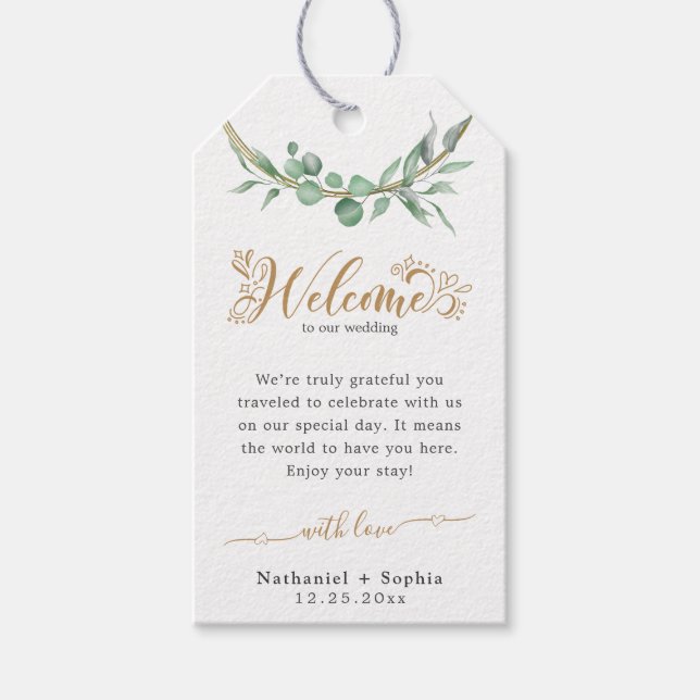 Gold Greenery Wedding Welcome Gift Tags (Front)