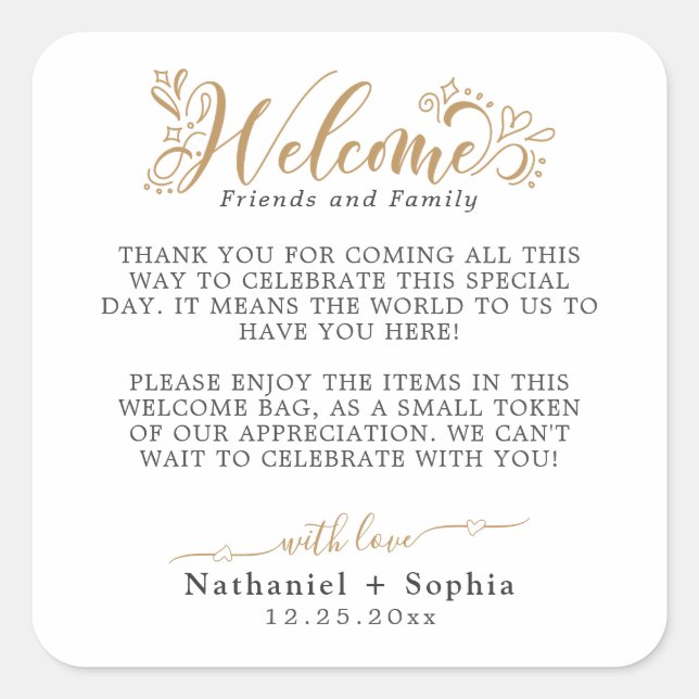 Gold Greenery Wedding Welcome Square Sticker (Front)