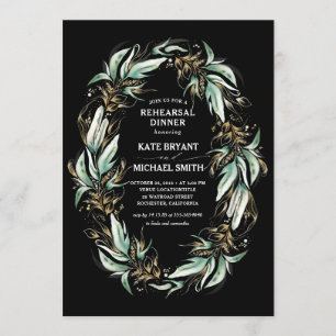 Gold Greenery Wreath Black Modern Rehearsal Dinner Invitation