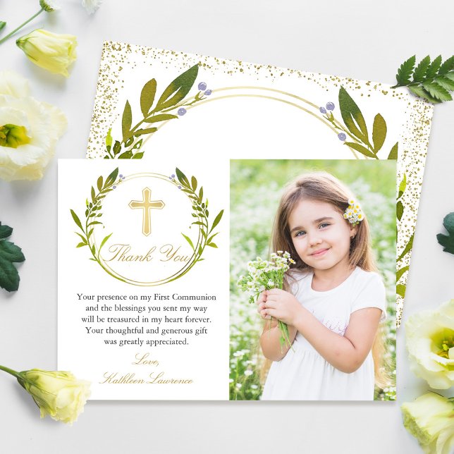 Gold Greenery Wreath Communion Thank you Card (Creator Uploaded)