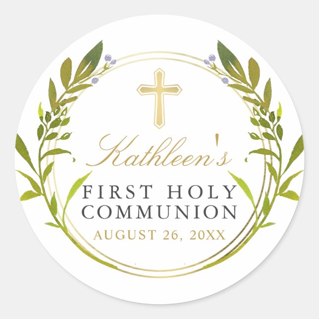 Gold Greenery Wreath First Holy Communion Classic Round Sticker (Front)
