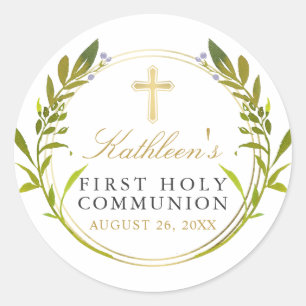 Gold Greenery Wreath First Holy Communion Classic Round Sticker