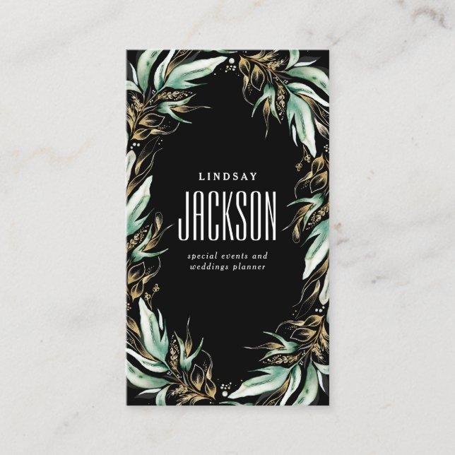 Gold Greenery Wreath Stylish Luxe Solid Black Business Card (Front)