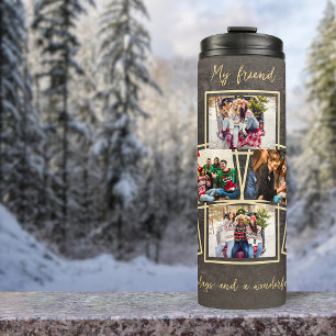 Gold Grey 6 Photo Template & Text Christmas Thermal Tumbler