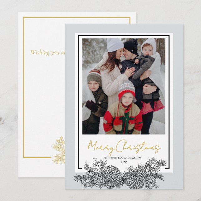 Gold Grey Black Modern Elegant Photo Christmas Holiday Card (Front/Back)