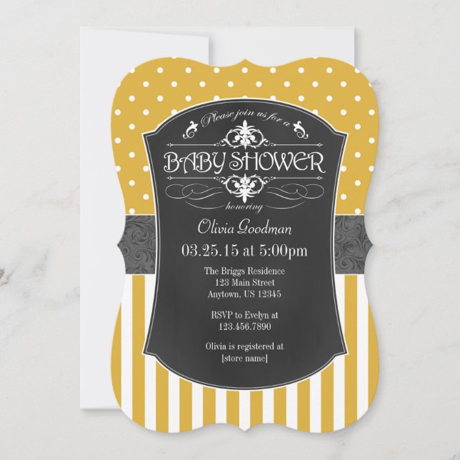 Gold Grey Chalkboard Stripes Baby Shower Invite (Front)