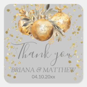 Gold Grey Christmas Wedding Favour Square Sticker
