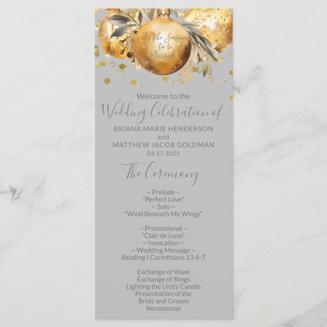 Gold Grey Christmas Wedding Program Programme (Front)