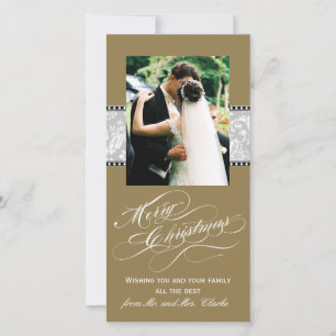 Gold Grey Damask First Christmas Photo Card
