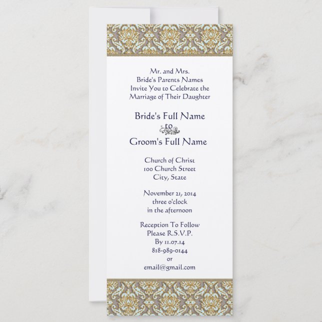 Gold & Grey Damask Swirls Wedding Invitation (Front)