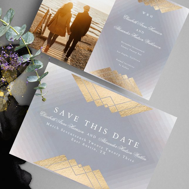 Gold Grey Geometric Gatsby Foil Save The Date Announcement (Creator Uploaded)