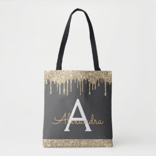 Gold Grey Glitter Sparkle Elegant Monogram Tote Bag