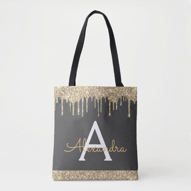 Gold Grey Glitter Sparkle Elegant Monogram Tote Bag (Front)