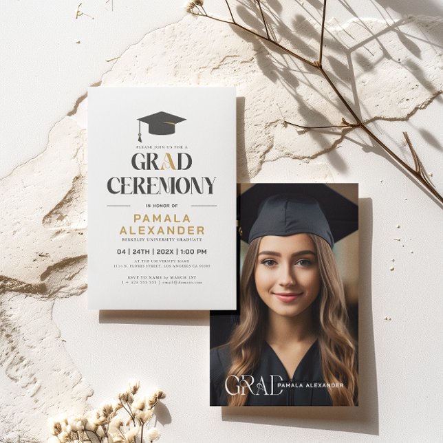 Gold Grey Grad Party Retro Typography On White Inv Invitation (Creator Uploaded)