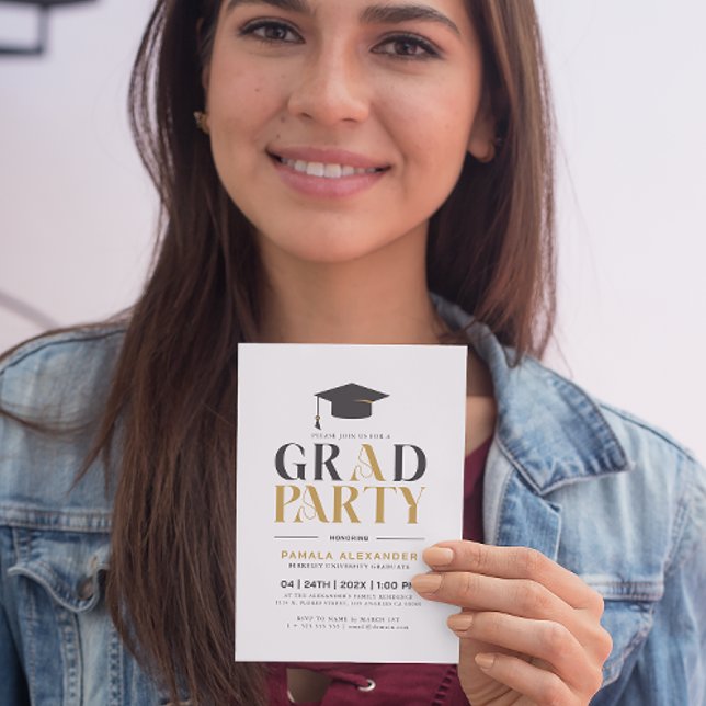 Gold Grey Grad Party Retro Typography On White Invitation (Creator Uploaded)