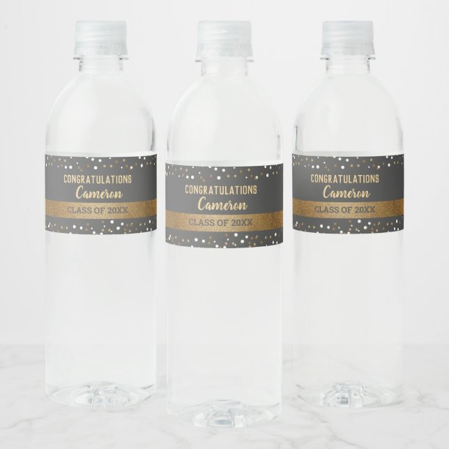Gold Grey Graduate personalised Custom Class year  Water Bottle Label (Bottles)