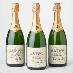 Gold Grey Happy New Year Confetti Sparkling Wine Label