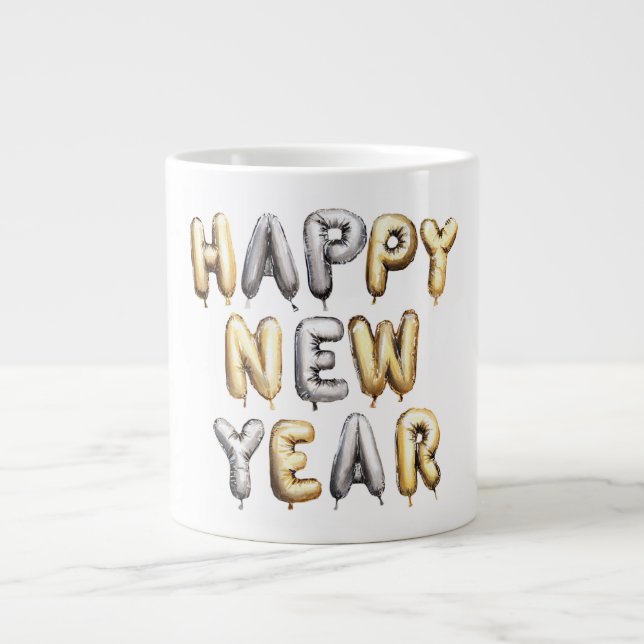 Gold Grey Happy New Year Large Coffee Mug (Front)